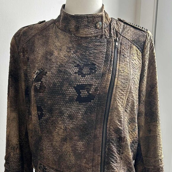 Simon Chang Bronze Textured Moto Jacket with Stones & Embellishments - US 12 - Picture 3 of 10